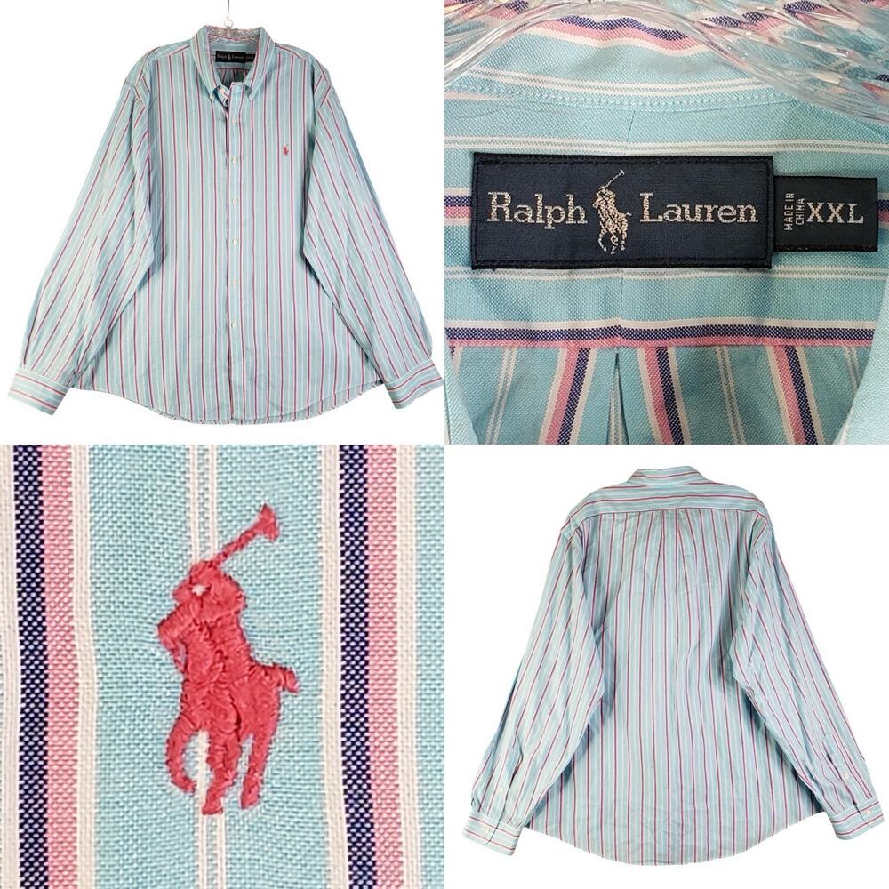 Polo Ralph Lauren Oxford Shirt Mens XXL Aqua Vertical Stripe LS Button Down